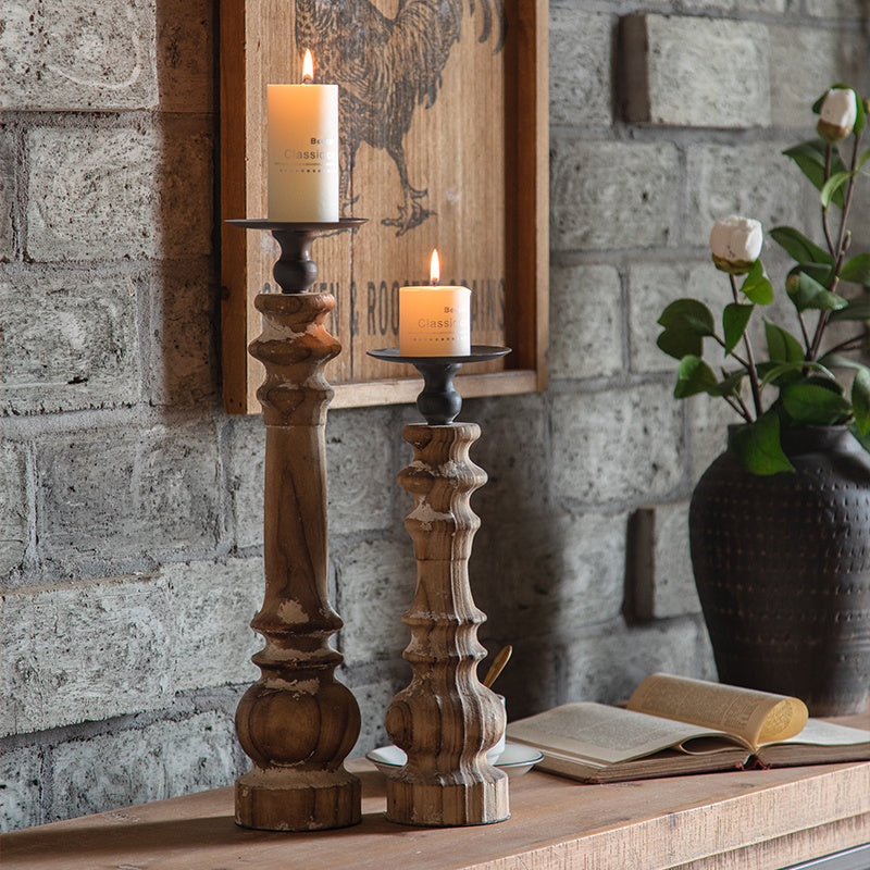 Distressed Wood & Iron Candle Holders
